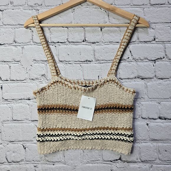 Forever21 Crochet Knit Sweater Crop Top Taupe Beige Cotton Blend New Size Medium - Picture 3 of 11
